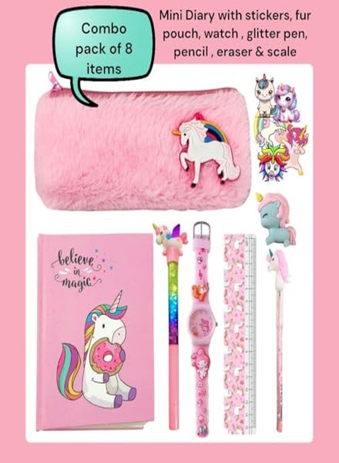 GLITREEPROPS Latest cute stationery, fur pouch unicorn, mini diary with stickers, water glitter pen, scale & eraser - Image 3